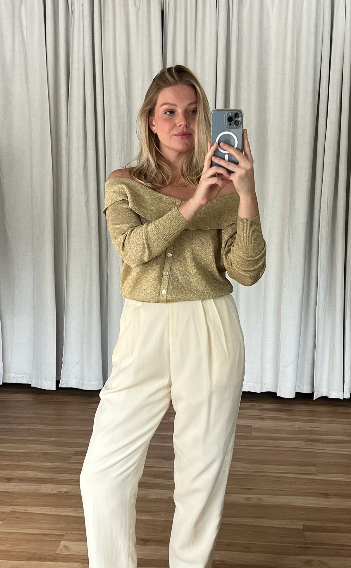 Vintage Off Shoulder Golden Knit Cardigan