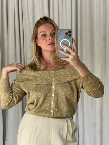 Vintage Off Shoulder Golden Knit Cardigan