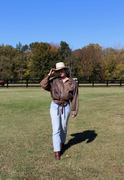 Vintage Pebbled Leather Belted Bomber Jacket