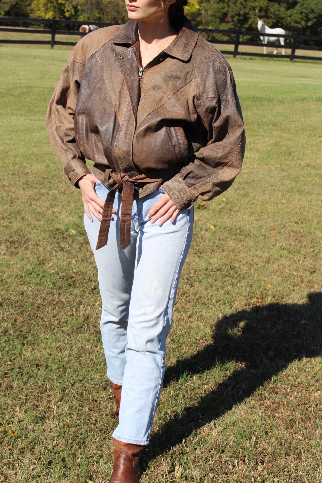 Vintage Pebbled Leather Belted Bomber Jacket