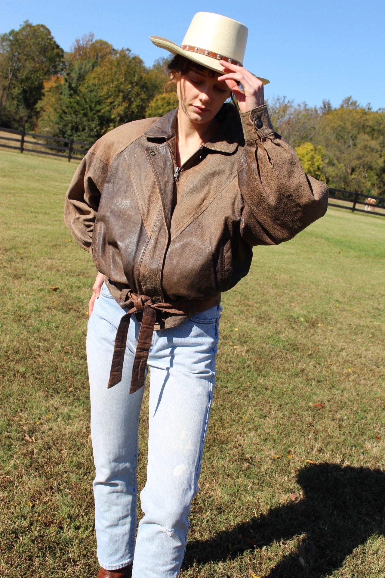 Vintage Pebbled Leather Belted Bomber Jacket