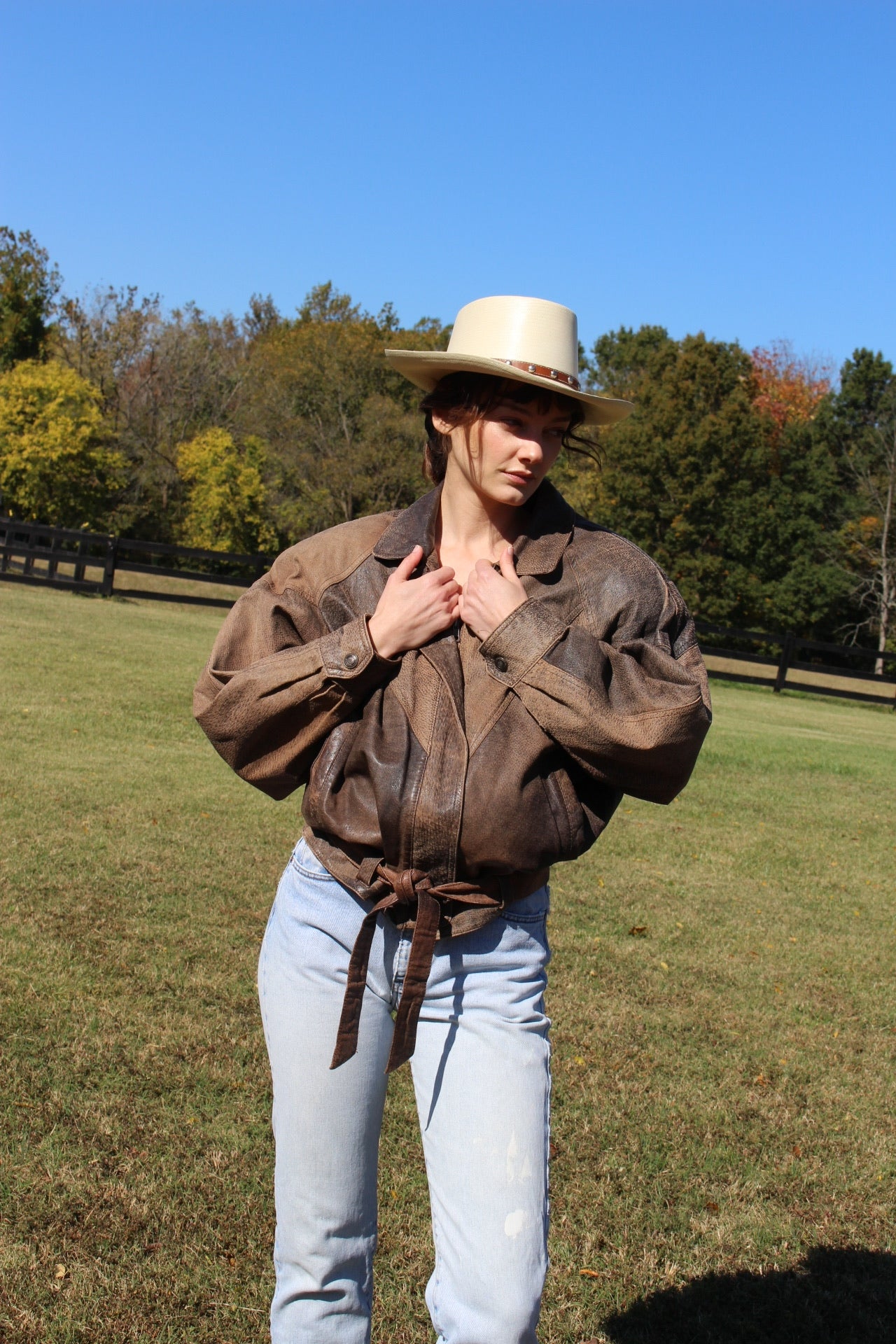 Vintage Pebbled Leather Belted Bomber Jacket