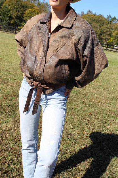 Vintage Pebbled Leather Belted Bomber Jacket