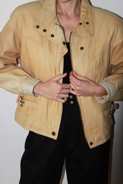 Vintage Sand Leather Bomber Jacket