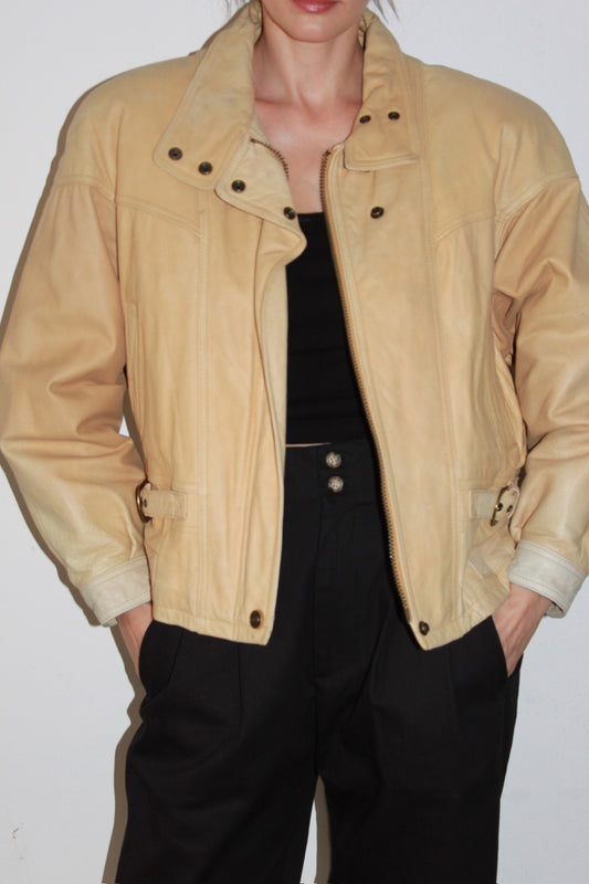 Vintage Sand Leather Bomber Jacket