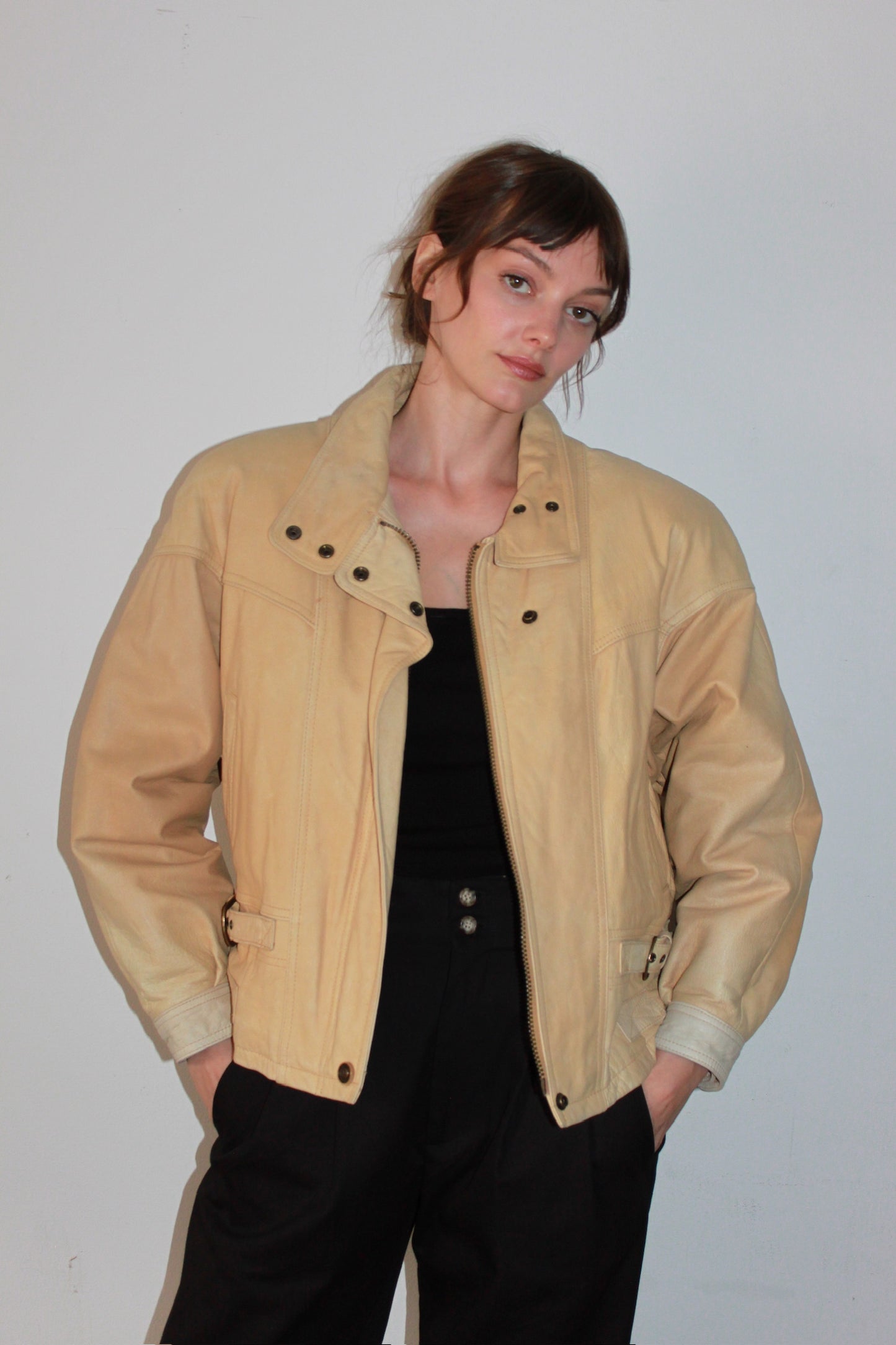 Vintage Sand Leather Bomber Jacket