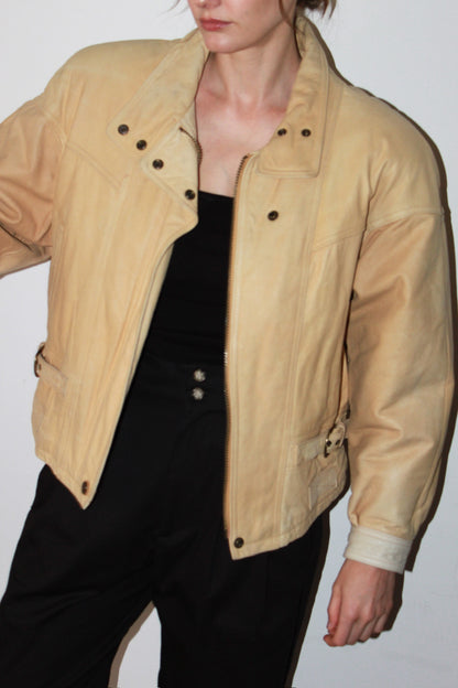 Vintage Sand Leather Bomber Jacket