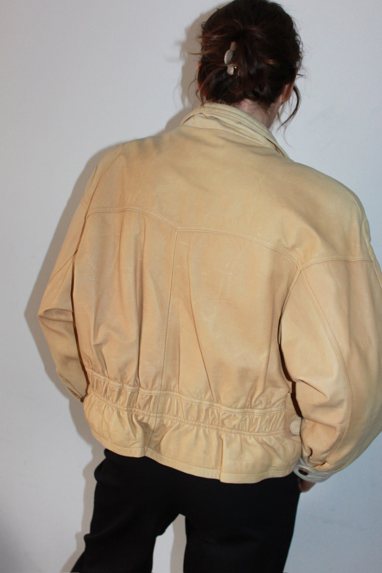 Vintage Sand Leather Bomber Jacket