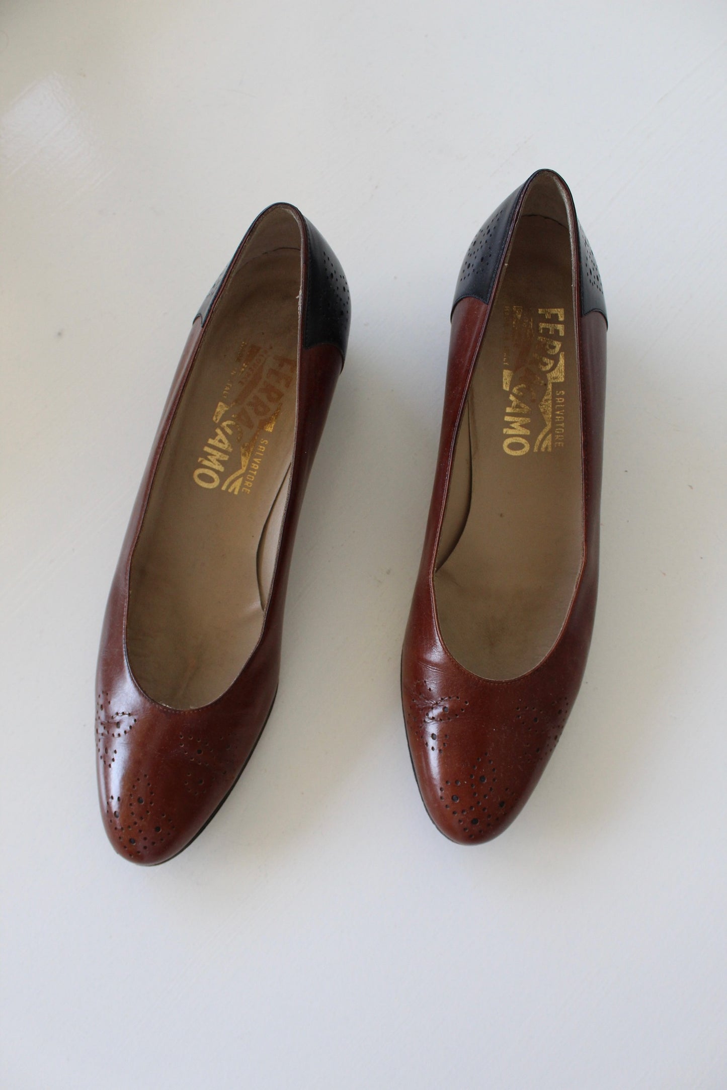 Vintage Ferragamo Two Tone Leather Heels