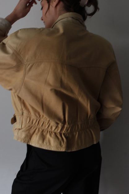 Vintage Sand Leather Bomber Jacket