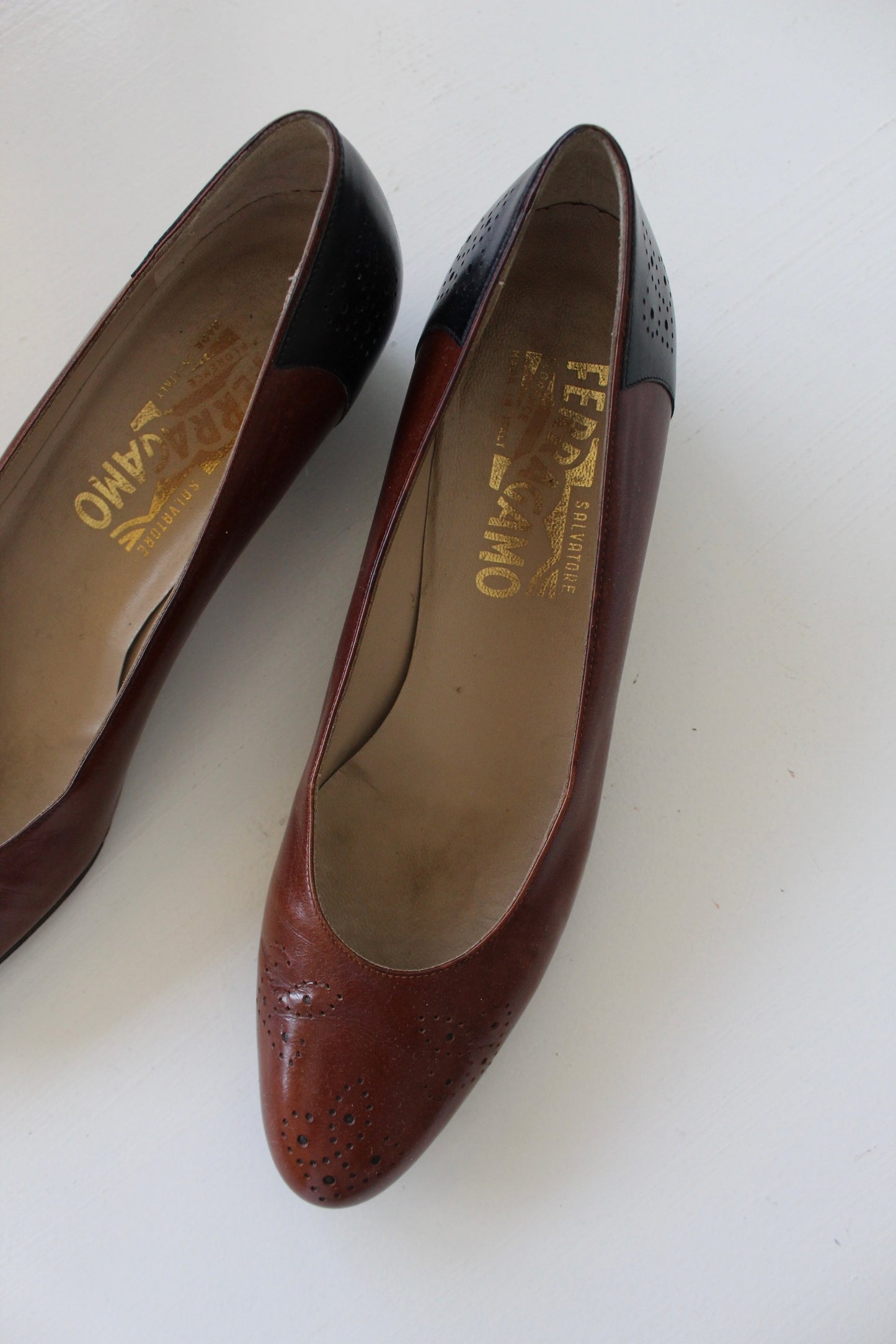 Vintage Ferragamo Two Tone Leather Heels