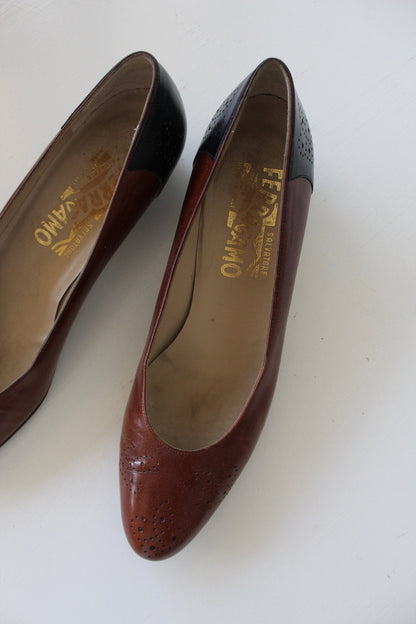 Vintage Ferragamo Two Tone Leather Heels