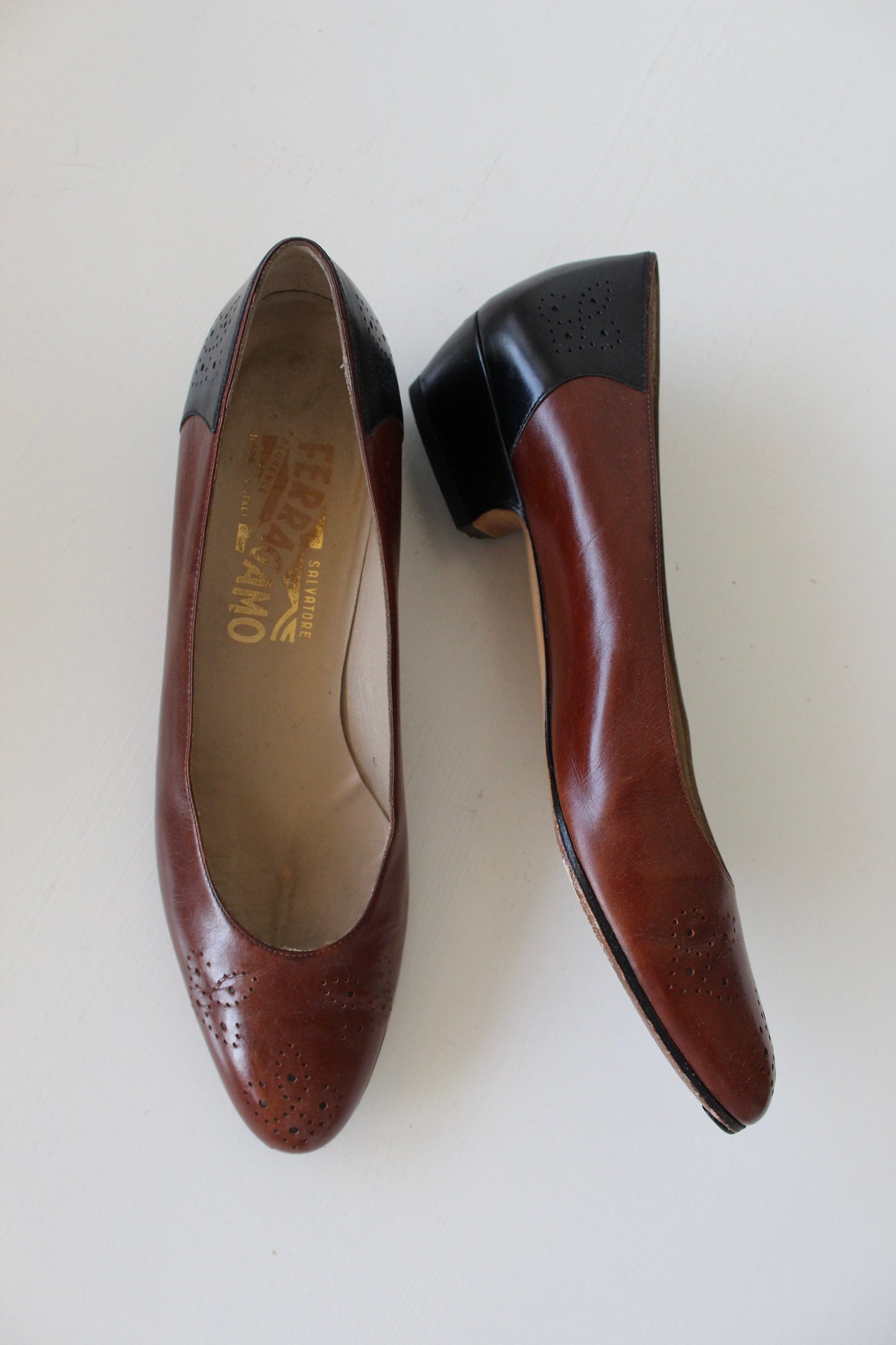 Vintage Ferragamo Two Tone Leather Heels