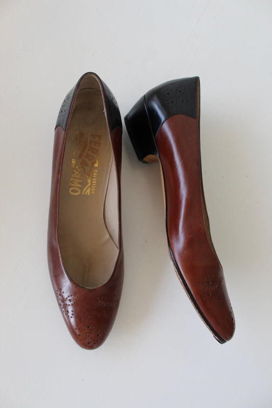 Vintage Ferragamo Two Tone Leather Heels