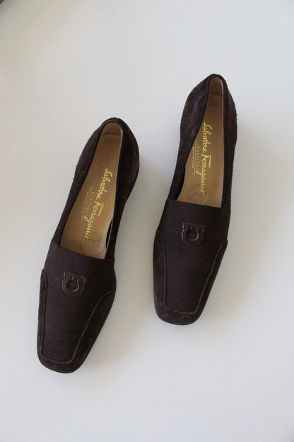 Vintage Ferragamo Cocoa Suede Logo Loafers