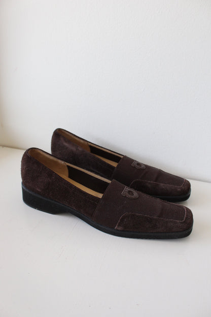 Vintage Ferragamo Cocoa Suede Logo Loafers