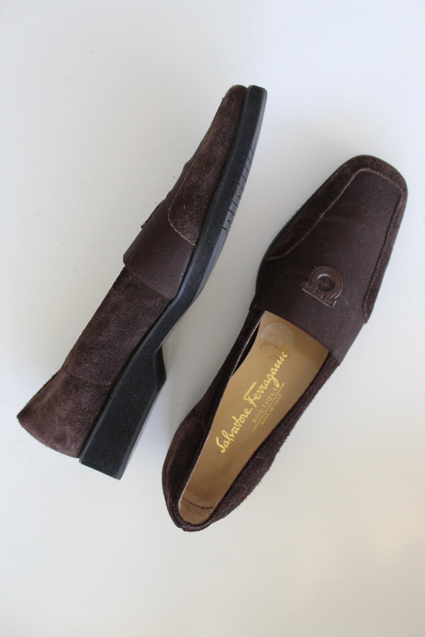 Vintage Ferragamo Cocoa Suede Logo Loafers