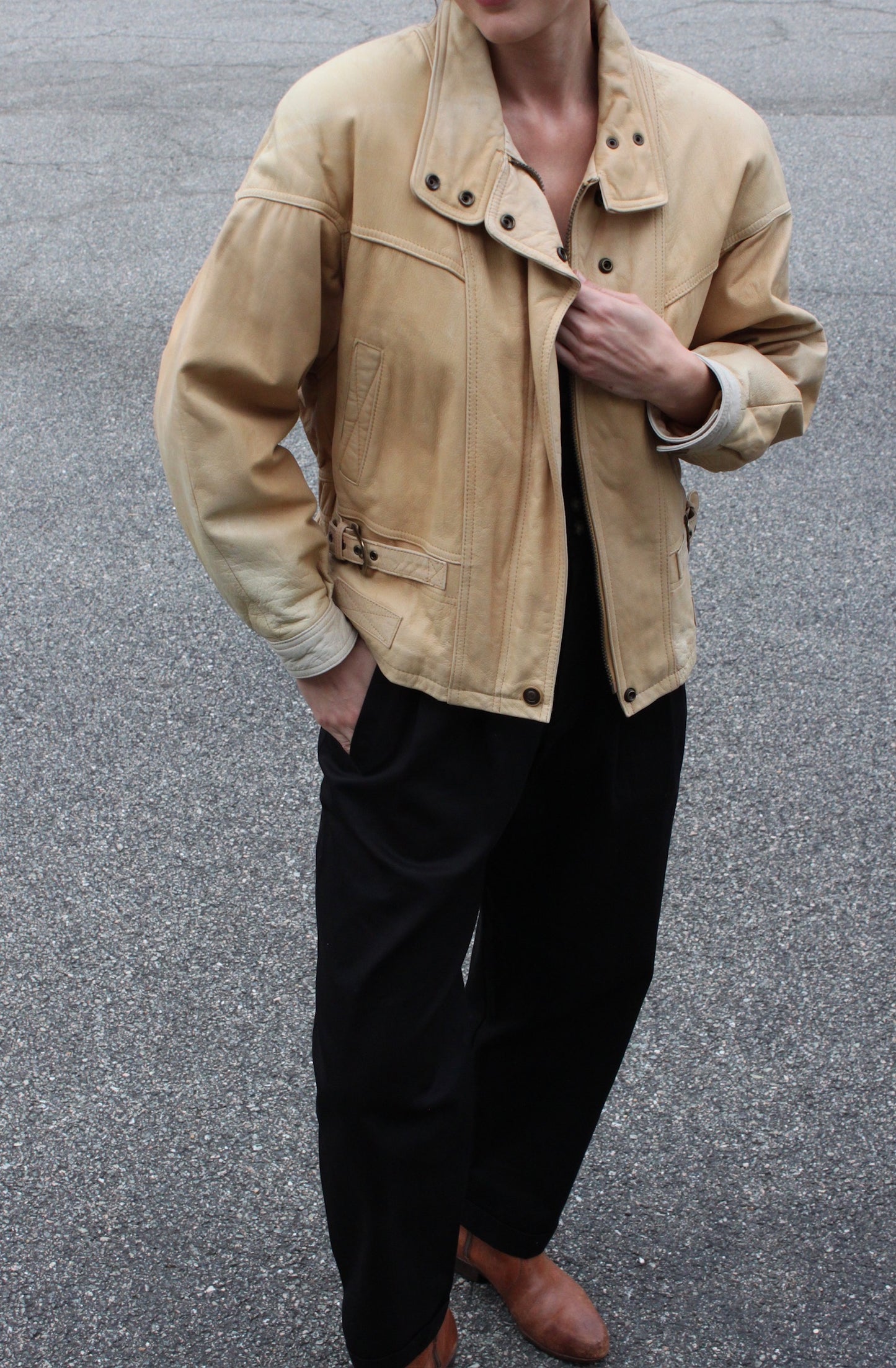 Vintage Sand Leather Bomber Jacket