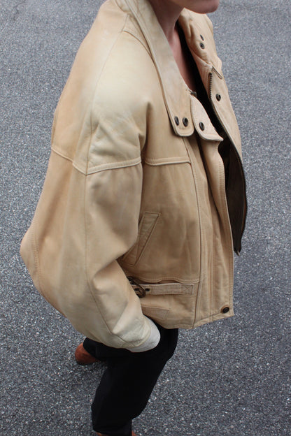 Vintage Sand Leather Bomber Jacket