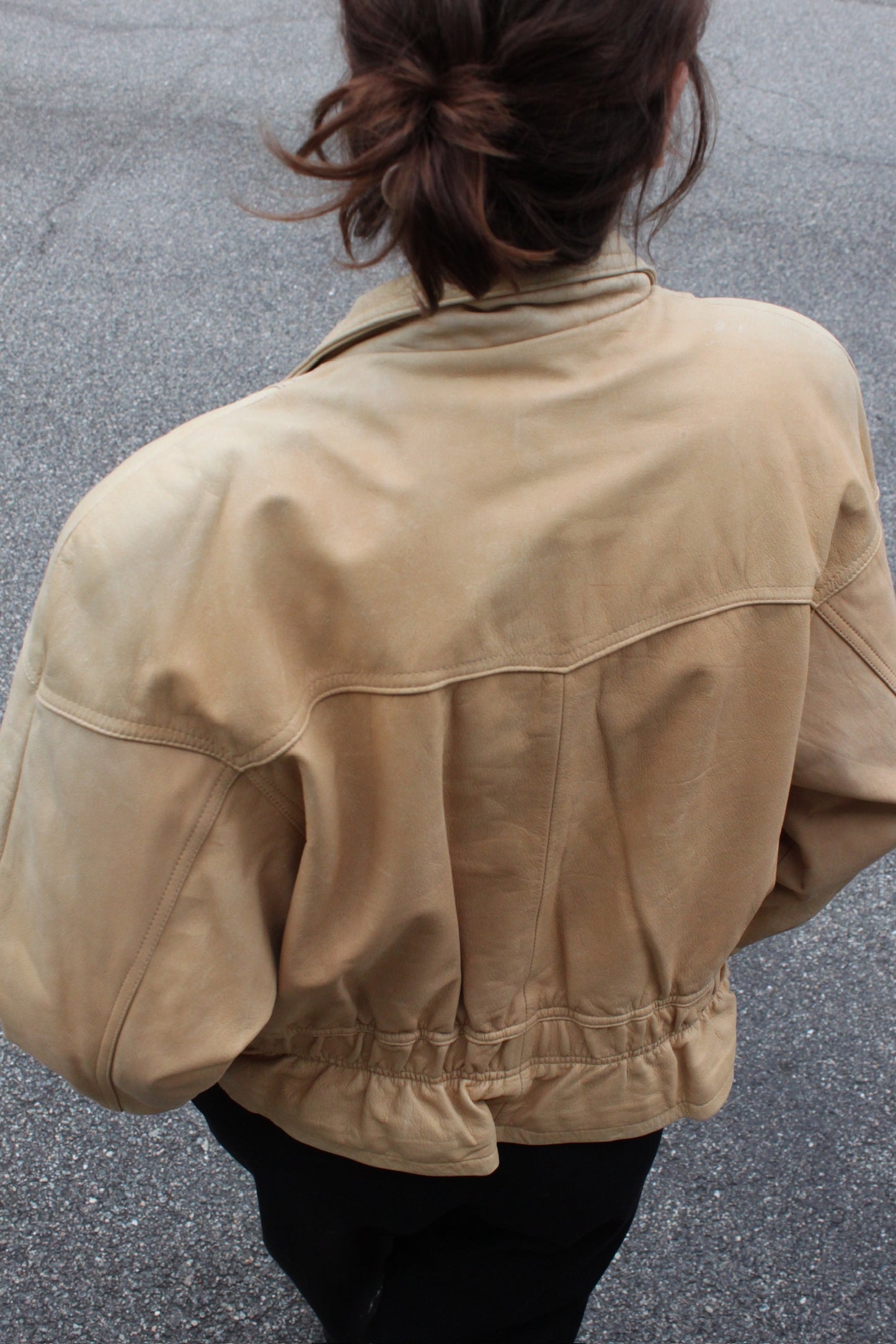 Vintage Sand Leather Bomber Jacket