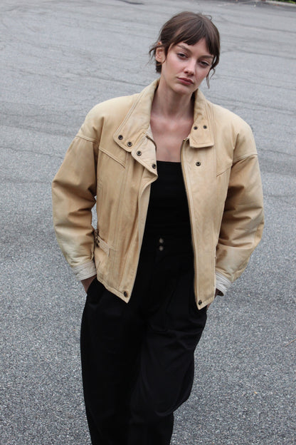 Vintage Sand Leather Bomber Jacket