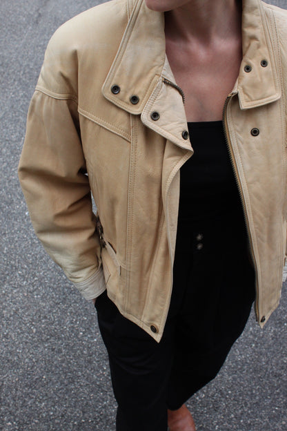 Vintage Sand Leather Bomber Jacket