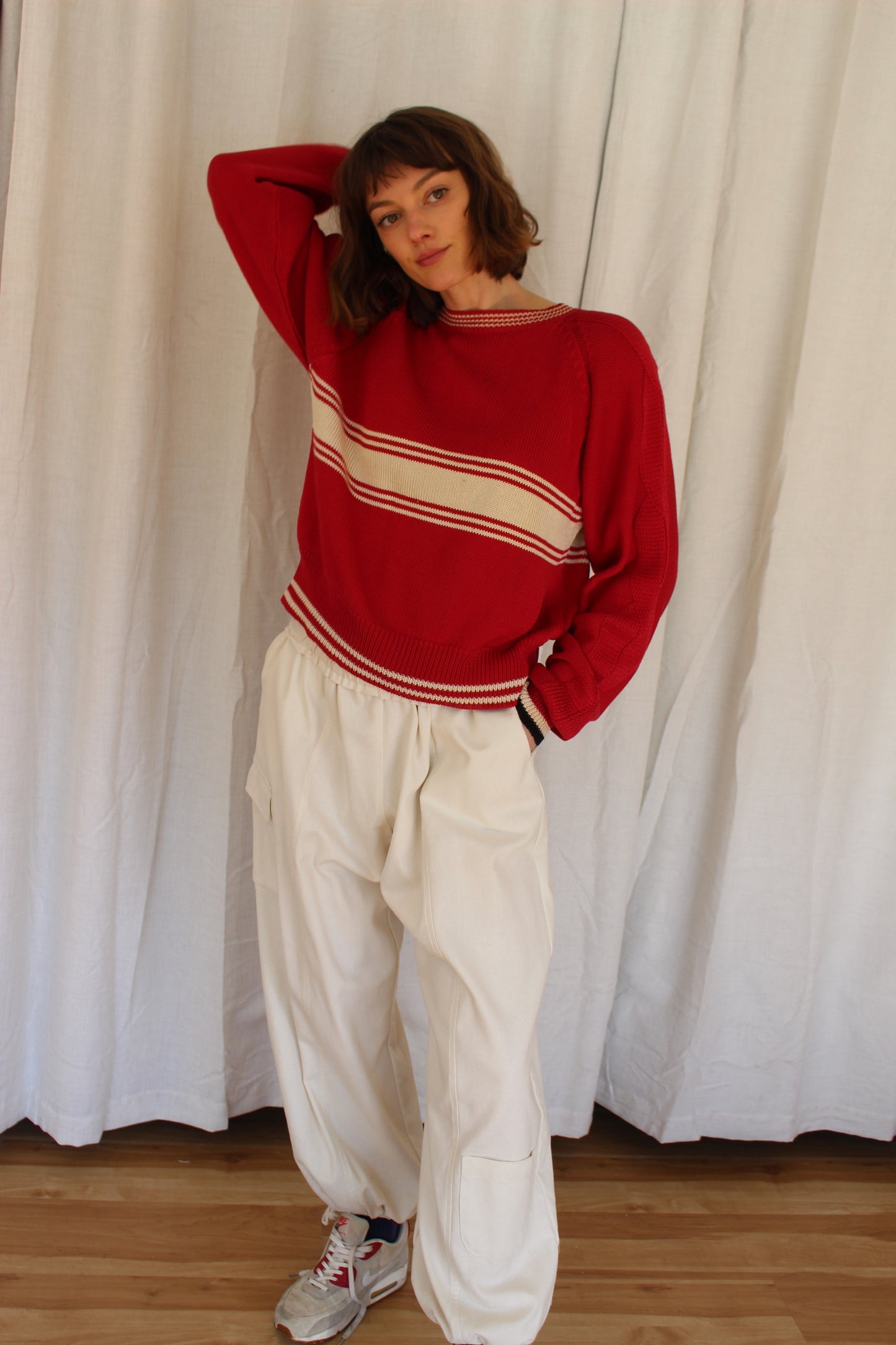 Vintage Cherry & Cream Striped Cotton Knit