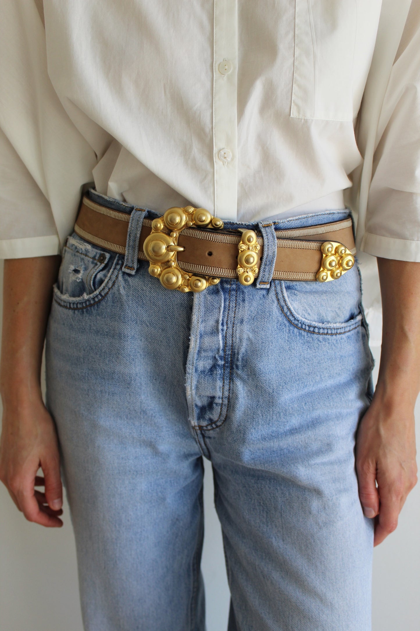 Vintage Stitched Taupe Italian Leather Belt