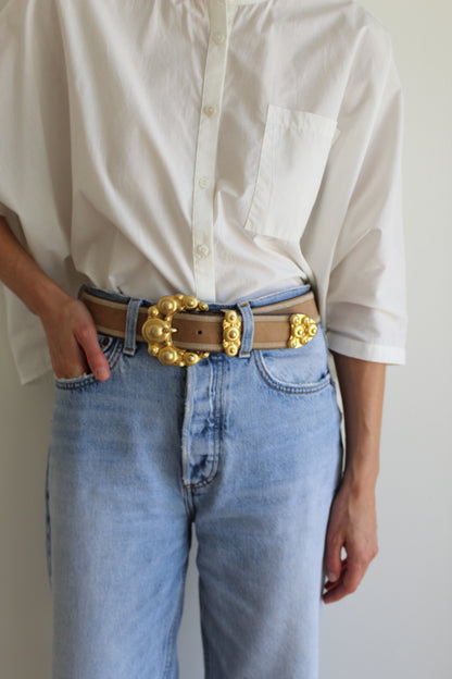 Vintage Stitched Taupe Italian Leather Belt