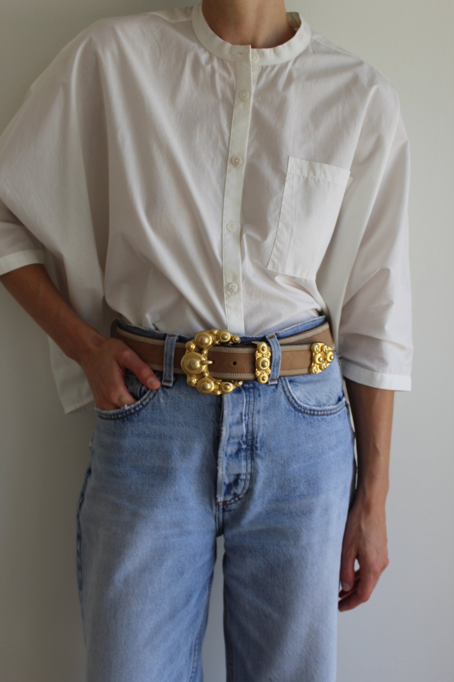 Vintage Stitched Taupe Italian Leather Belt