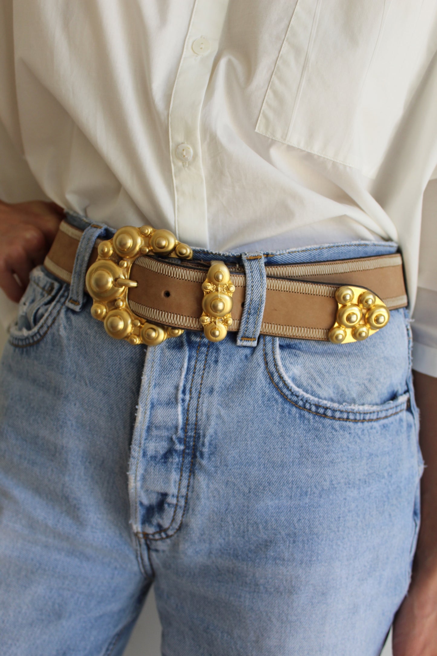 Vintage Stitched Taupe Italian Leather Belt