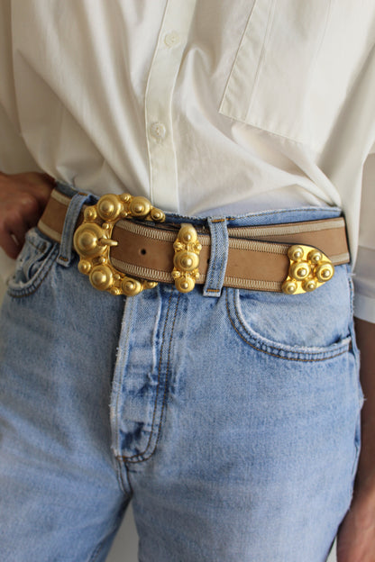 Vintage Stitched Taupe Italian Leather Belt