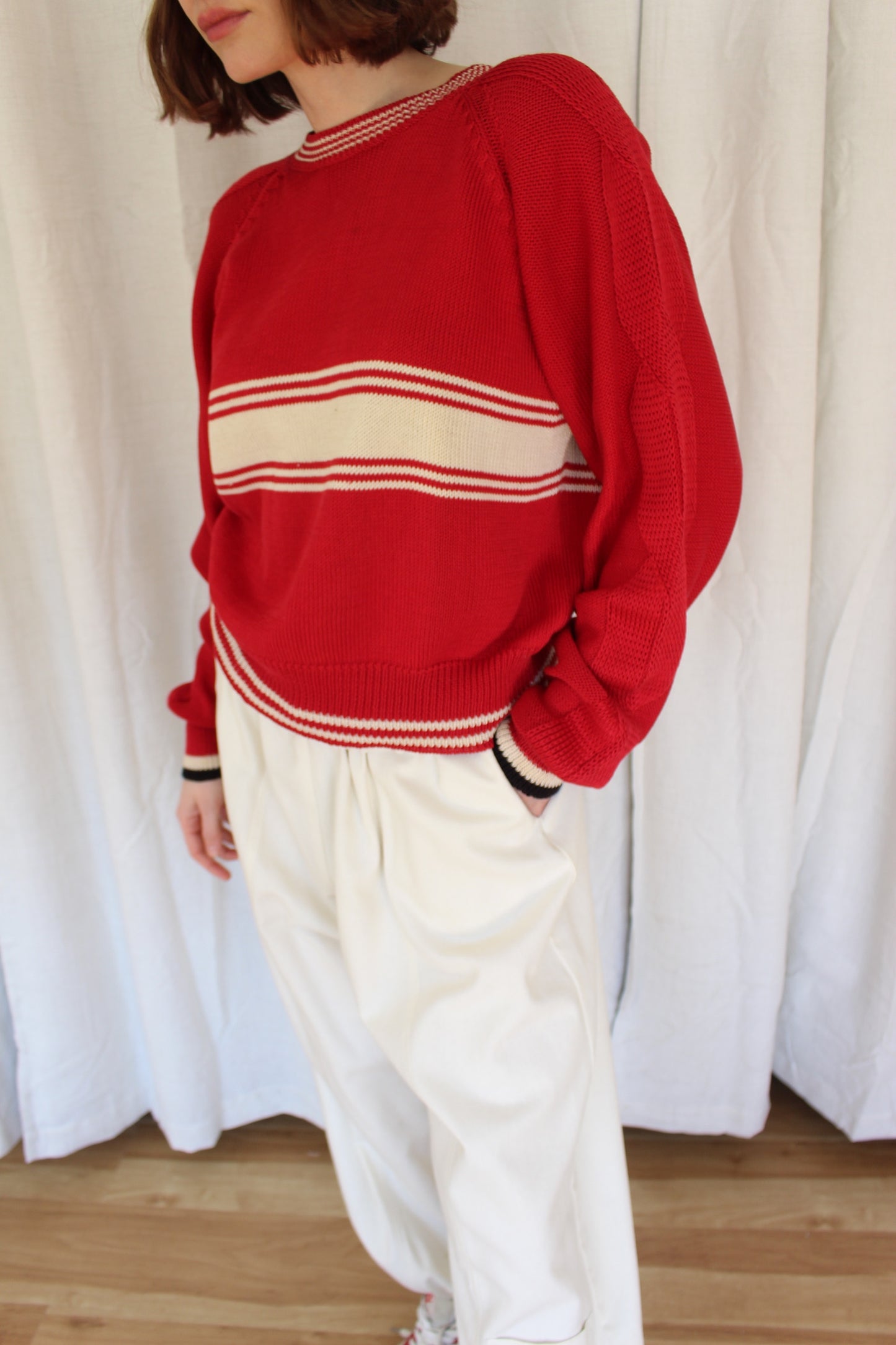 Vintage Cherry & Cream Striped Cotton Knit