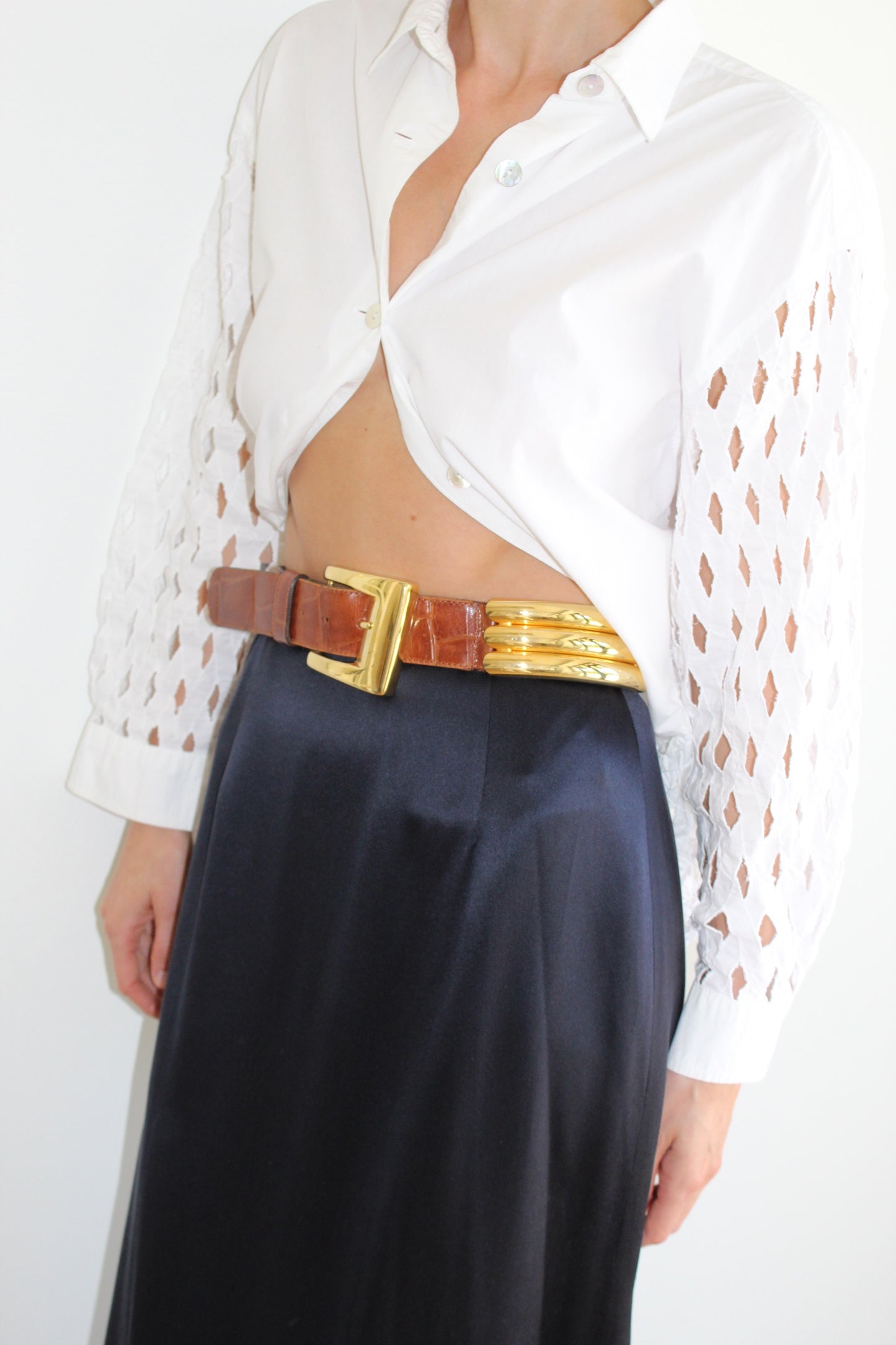 Vintage Gold Rib & Cognac Embossed Leather Belt