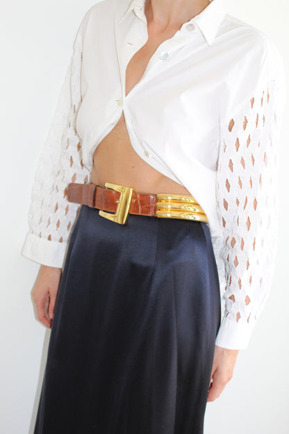 Vintage Gold Rib & Cognac Embossed Leather Belt