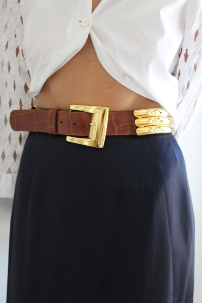 Vintage Gold Rib & Cognac Embossed Leather Belt