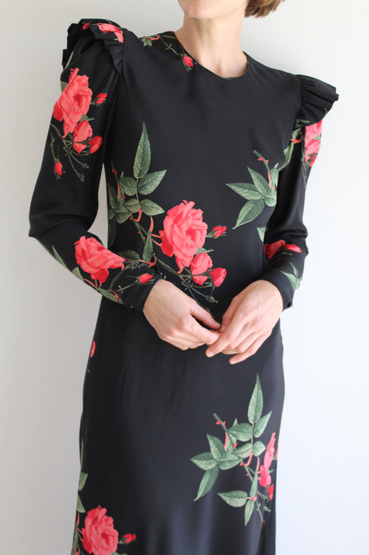 Elegant Vintage Rose Printed Silk Dress