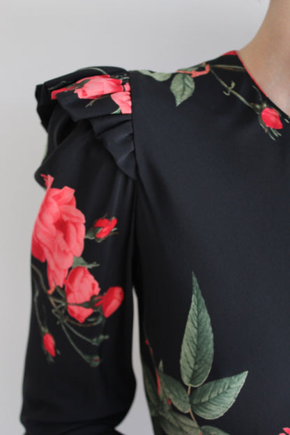 Elegant Vintage Rose Printed Silk Dress