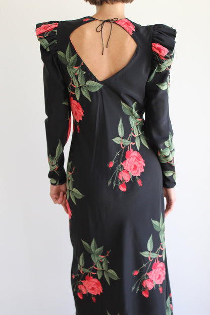 Elegant Vintage Rose Printed Silk Dress