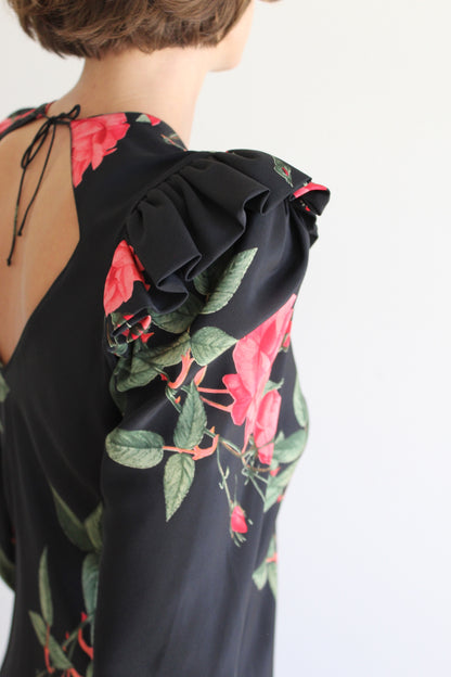 Elegant Vintage Rose Printed Silk Dress