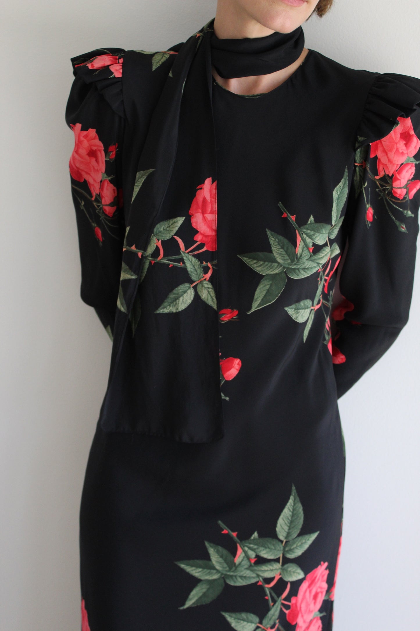 Elegant Vintage Rose Printed Silk Dress