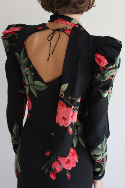 Elegant Vintage Rose Printed Silk Dress