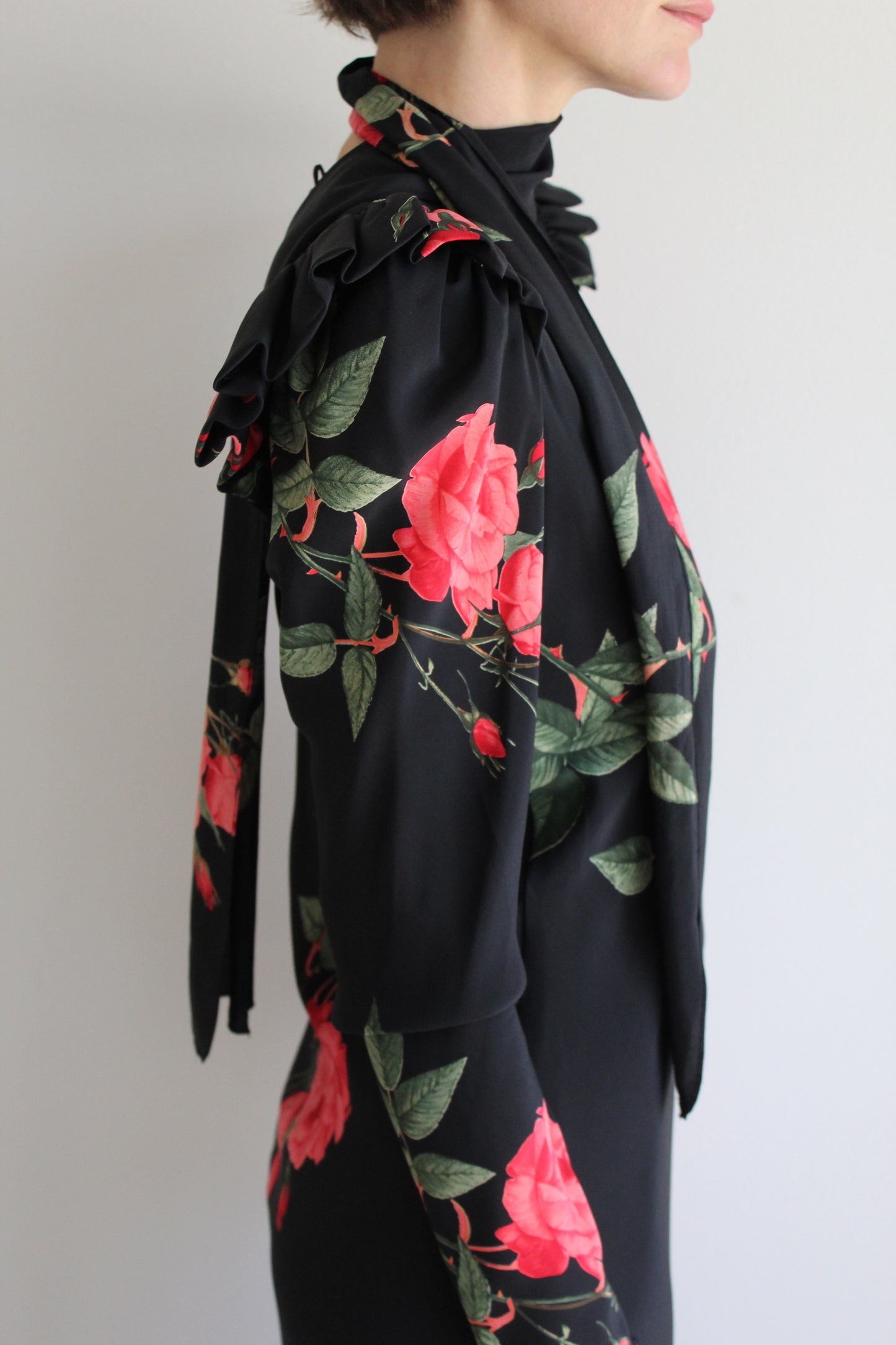 Elegant Vintage Rose Printed Silk Dress