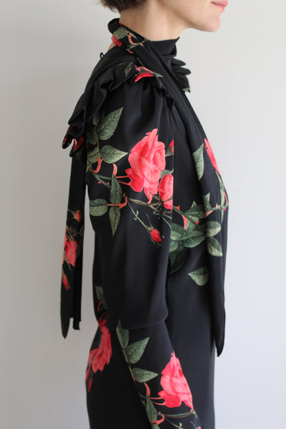 Elegant Vintage Rose Printed Silk Dress