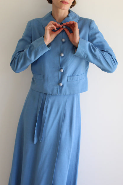 Incredible Vintage 1960s Harrods Sky Blue Woven Skirt Set