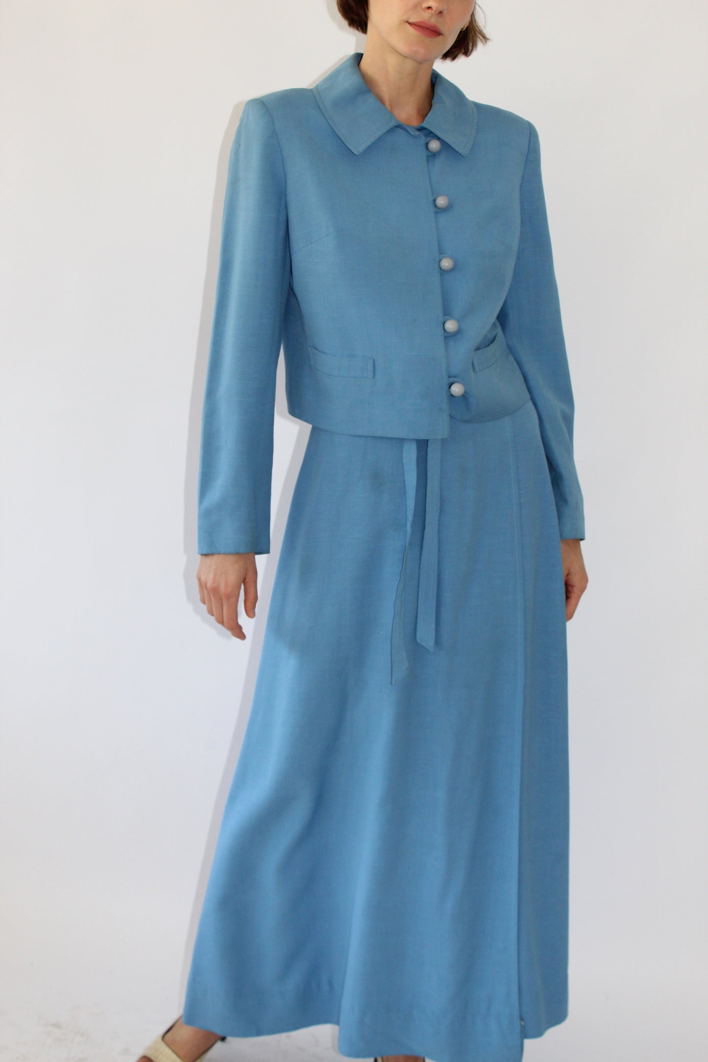Incredible Vintage 1960s Harrods Sky Blue Woven Skirt Set