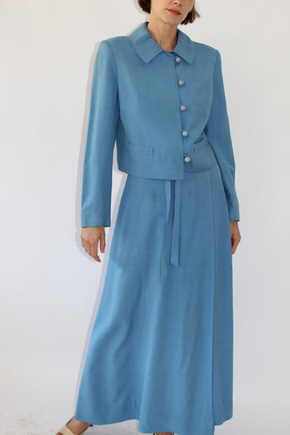 Incredible Vintage 1960s Harrods Sky Blue Woven Skirt Set