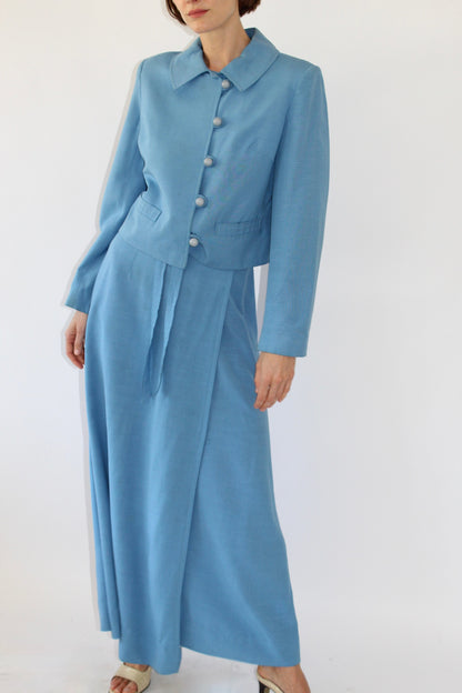 Incredible Vintage 1960s Harrods Sky Blue Woven Skirt Set