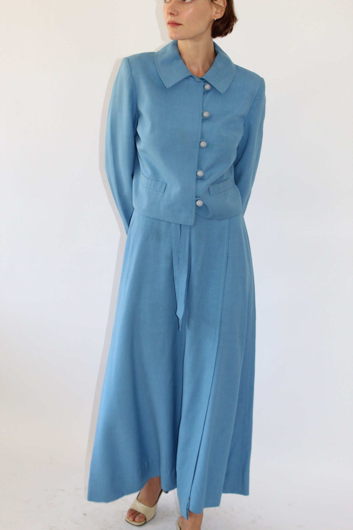 Incredible Vintage 1960s Harrods Sky Blue Woven Skirt Set
