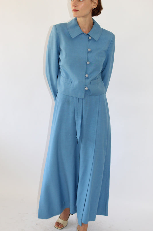 Incredible Vintage 1960s Harrods Sky Blue Woven Skirt Set